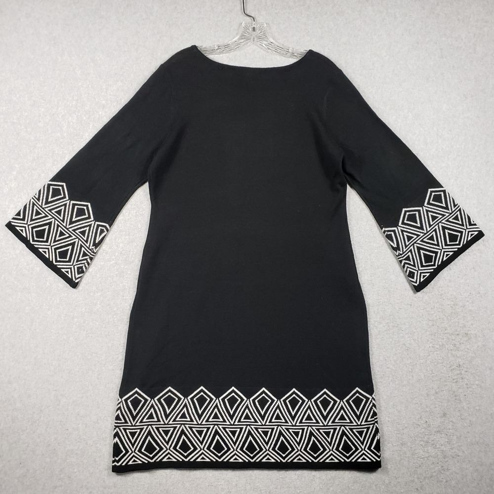R&K Originals Black White Geometric Knit Sweater Dress L Bell Sleeve Boho Mod